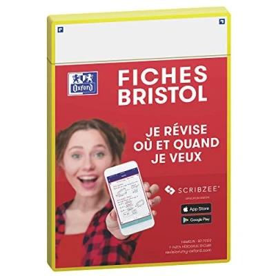 Image de Oxford Révision 2.0 Lot de 50 Fiches bristol format A5 (14, 8 x 21cm) fond Uni Blanc Recto/Verso cadre Jaune
