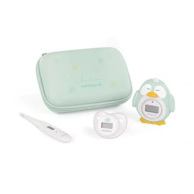 Image de Miniland Thermokit Dolce Mint. Jeu de trois thermomètres pour bébé dans une trousse toilette pratique.