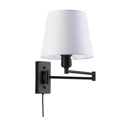 Image de B·LED BARCELONA LED BarcelonaLED Applique murale à bras articulé noir nordique moderne avec câble de prise et interrupteur abat jour en tissu blanc douille E27 pour lecture chambre chevet hôtel