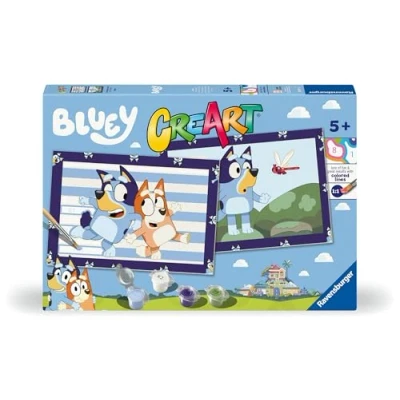 Image de Ravensburger CreArt Série Junior : BLUEY, kit de peinture par numéros, contient deux tableaux pré imprimés, un pinceau, des couleurs, jeu créatif pour enfants 5 ans et plus