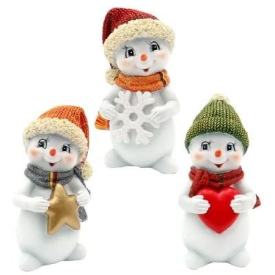 Image de Dekohelden24 Lot de 3 bonhommes Neige avec Bonnet et écharpe en Rouge, Vert Orange, Debout étoile, Flocon cœur, 6 x 5 11 cm (L l H)