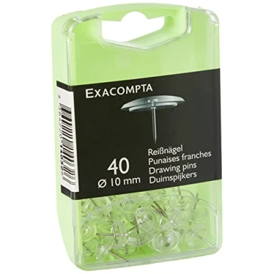 Image de Exacompta Réf. 14032E Boîte de 40 punaises Hauteur la pointe 7 mm Diamètre 10 Pour fixer cartes, photos, posters, documents, cadres, guirlandes Couleur cristal translucide