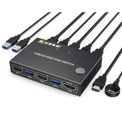 Image de KVM Switch USB 3.0 HDMI 2 PC 1 Moniteur, 4K@60Hz EDID Simulé, Commutateur Ports Partager 4 Périphériques Souris Sans Fil Clavier Imprimante, avec 3 Câbles et Télécommande Filaire