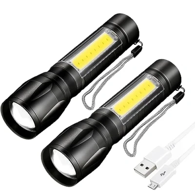 Image de Dunamis Lot de 2 lampes poche LED rechargeables, super lumineuses, mise au point réglable, 3 modes d&#039;éclairage, longue durée vie, lampe étanche pour urgence, camping, randonnée,