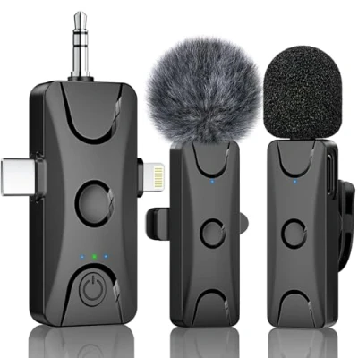 Image de Micro Lavalier sans Fil pour iPhone Android: Mini Cravate avec Suppression Intelligente du Bruit, 48kHz/16bits, Portée 100pi Caméra PC Laptop Enregistrement Vidéo Streaming Interview Vlogs