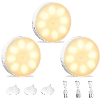 Image de Veilleuse, Lot de 3 Lampe LED Automatique Rechargeable Par USB, Veilleuse à Induction 6000K 8 LEDs Jaune Chaud, Détecteur Mouvement Intérieur, Auto/On/Off, pour Couloir Escalier