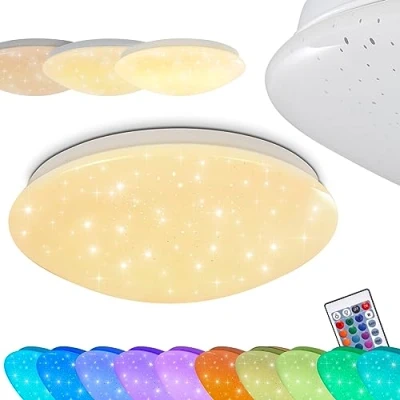 Image de Plafonnier LED Norton Star RGB, luminaire en plastique blanc, effet ciel étoilé, intensité, couleur et ton de la lumière variables par télécommande (incluse), 900 Lumen, 15 Watt