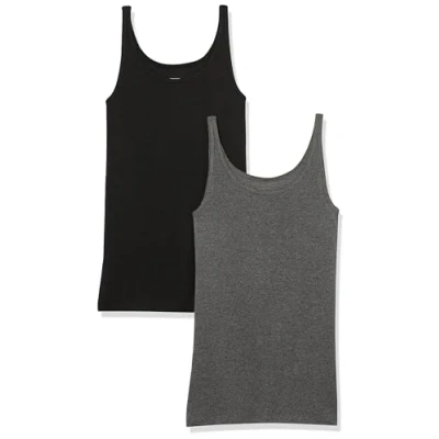 Image de Amazon Essentials Débardeur Coupe ajustée à Fines Bretelles Femme, Lot de 2, Charbon Chiné/Noir, M
