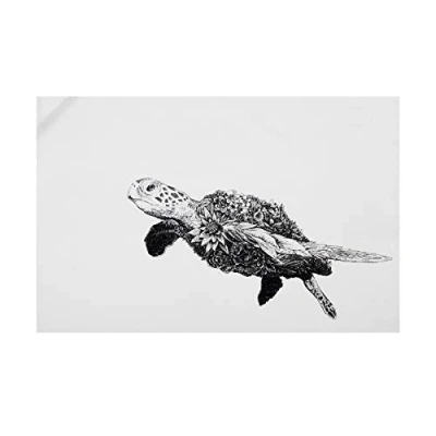 Image de Maxwell &amp; Williams Serviette de Table 100% Coton, Imprimé Fleuri Tortue Verte, Collection Marini Ferlazzo, 50 x 70 cm Noir et Blanc