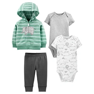 Image de Simple Joys by Carter&#039;s 4 Piece Jacket, Pant, and Bodysuit Set Ensemble Layette, Blanc Animaux de la Forêt/Gris/Gris Foncé/Vert Menthe Éléphant, 0 Mois Bébé garçon