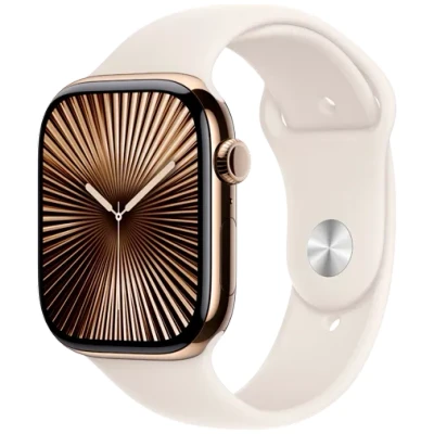 Image de Apple Watch Series 10 (GPS + Cellular 46 mm) Smartwatch mit Titangehäuse in Gold und Sportarmband Polarstern (M/L). Fitnesstracker, EKG App, Always on Retina Display, Wasserschutz