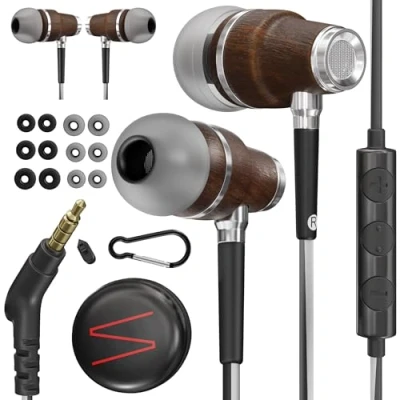 Image de Symphonized® Ecouteurs Filaire avec Microphone Premium Basses de 8 mm Son 3D en Bois Bubinga, Ecouter Reducteur Bruit Actif, Fil Jack 3,5 mm, contrôle du Volume Mobile, PC et Tablette NRG