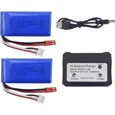Image de YUNIQUE Green Clean Power Kit de 2 Batteries LiPo 7.4V 1100mAh avec Chargeur Compatibilité Universelle WLtoys A949, A959, A979, K929 Haute Capacité, Bleu