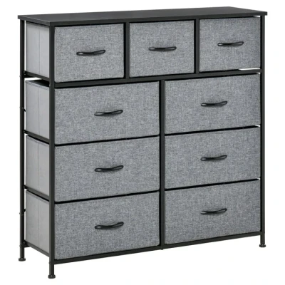Image de HOMCOM Commode 9 tiroirs Meuble de Rangement tiroir en Tissu Pliant Structure Acier Noir 100 x 30 cm, Chambre, entrée, Salon, et Gris