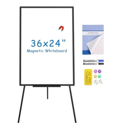 Image de VIZ PRO Chevalet de tableau blanc magnétique noir, 90 x 60 cm, effaçable à sec portable réglable en hauteur pour l&#039;école, le bureau et la maison