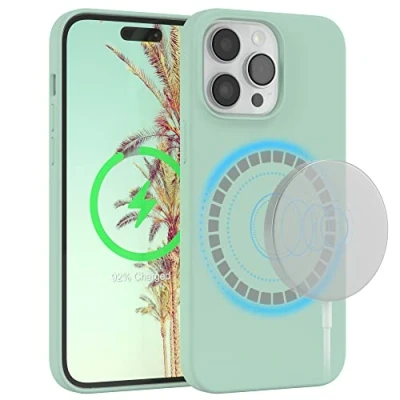 Image de EAZY Case Housse en Silicone pour iPhone 14 Pro Max Coque avec MagSafe souple antichoc Protection appareil photo Premium Cover Menthe Vert