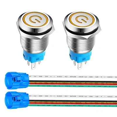 Image de Gebildet 16mm Acier Inoxydable Verrouillage Bouton Poussoir Interrupteur, LED de Symbole d&#039;alimentation 12V 24V 5A Interrupteur à Levier Étanche avec Fiche Douille (LED Jaune)