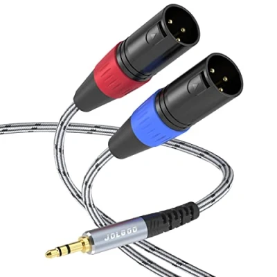 Image de JOLGOO 3,5 mm TRS vers double XLR mâle Pro câble de dérivation stéréo, 1/8&quot; stéréo 2 Y répartiteur microphone patch, 3 M