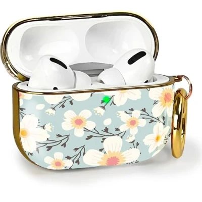Image de MyGadget Coque [ Motif Floral ] Compatible avec Apple Airpods Pro (2019) Boîtier Recharge à Induction Case Mousqueton &amp; LED Visible Étui Bleu Clair Blanc