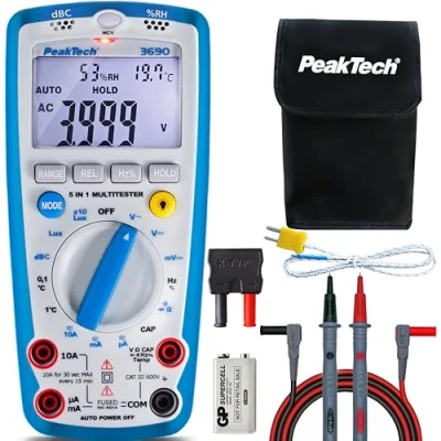 Image de PeakTech 3690 Multimètre Numérique 5 en 1, Luxmètre, Sonomètre, Humidimètre, Voltmètre, Thermomètre, Manuel, Testeur de Continuité, 4000 counts 600 V