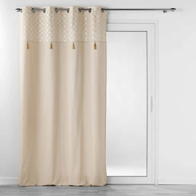 Image de douceur d&#039;intérieur, Rideau à Oeillets (140 x 240 cm) Rafina, Coton Finition Top Imprimé Métallisé et Pompon