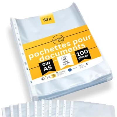 Image de perfect line 100 pochettes transparentes pour documents DIN A5, pochette plastique transparentes, A5 grainées, Fabriqué en UE