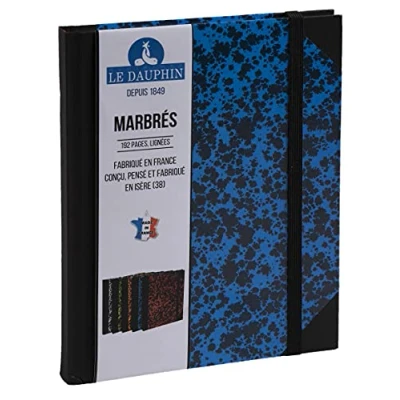 Image de Le Dauphin Réf. 267202D 1 carnet imprimé intérieur ligné avec une bande de fermeture élastique noir dimensions 22 x 17 cm format vertical 192 pages couverture marbrée couleur bleu