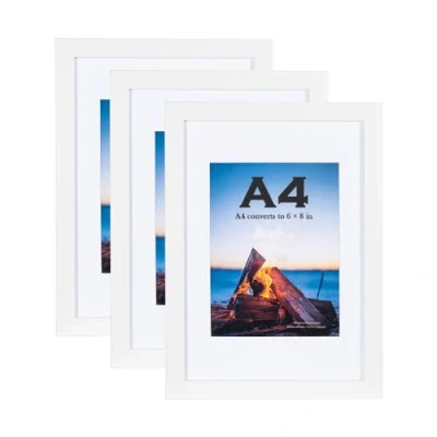 Image de Lot de 3 cadres photo A4 en bois blanc avec passe partout blanc, cadre A4, pour certificat, autoportant et à fixer au mur