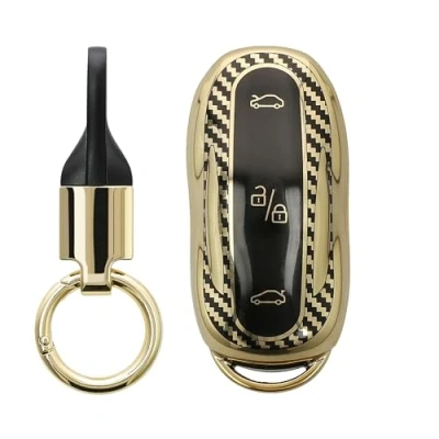 Image de kwmobile Boitier clé Voiture Compatible avec Tesla Model S/Model Y/Model 3 Coque Silicone Clef de étui Protection Porte clés doré Noir