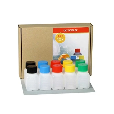 Image de bouteilles en plastique Octopus 10 x 50 ml, PE HD avec bouchon à vis de couleur vive, vides bouchons colorés, carrées. Dix étiquettes incluses.