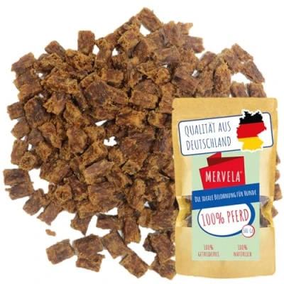 Image de MERVELA® Cube à mâcher de cheval qualité supérieure pour chien 500 g Idéal comme friandise d&#039;entraînement 100 % viande naturelle Hypoallergénique chiens sensibles Fabriqué