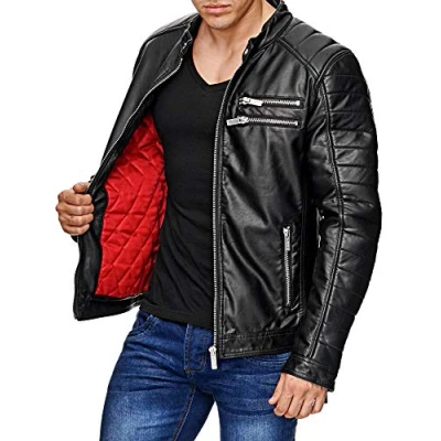 Image de RED BRIDGE Hommes Veste en Cuir Similicuir Noir Occasionnels Mode Biker Blouson