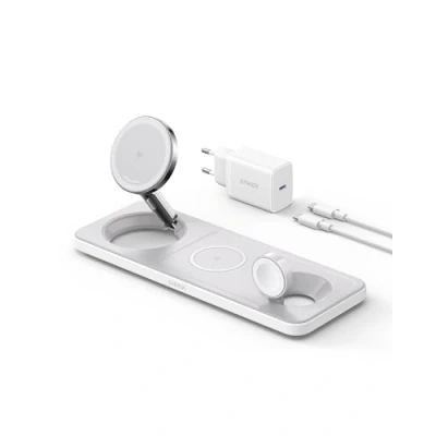 Image de Anker Station de Recharge à Induction 3 en 1 Pliable, Chargeur sans Fil Ultra Rapide 15W, Certification Qi2, pour iPhone séries 16/15, AirPods Pro, Apple Watch (Chargeur USB C et câble Inclus)