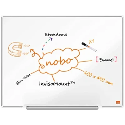 Image de Nobo Tableau Blanc Magnétique Émaillé avec Porte Marqueurs, 600 x 450 mm, Bords Fins, Système de Fixation InvisaMount, Impression Pro, Blanc, 1915394