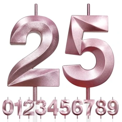 Image de 25th Bougie D&#039;anniversaire à Paillettes Or Rose au Design 3D, Bougies Numérotées pour 90e, Décorations de Dessus Gâteau, Gâteau Fête D&#039;anniversaire, Anniversaire Mariage