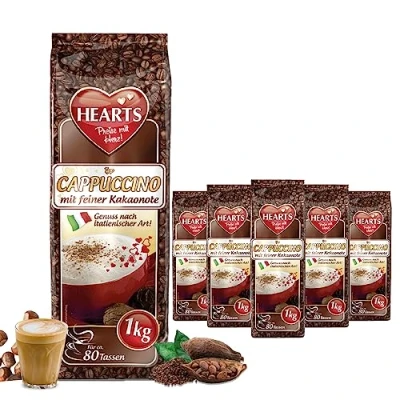 Image de Hearts Cappuccino à la fine note de cacao, 5 x 1 kg poudre café lnstant, arôme intense, laiteux, crémeux, facilement soluble, lot 5, suffit pour 400 tasses