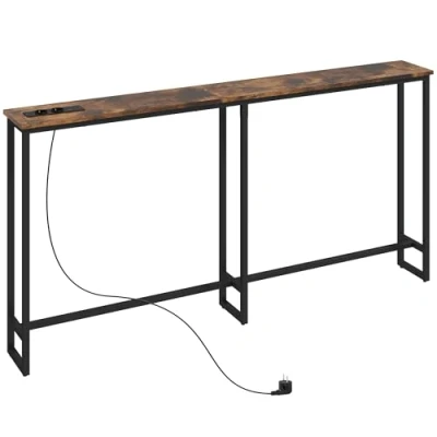 Image de Table console étroite HOMCOM style industriel prises de courant et USB pour salon entrée couloir 160x20x80cm marron