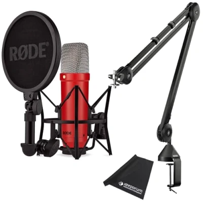 Image de Rode NT1 Signature Red Microphone de studio rouge + trépied PSA1 à bras articulé noir chiffon microfibre Keepdrum