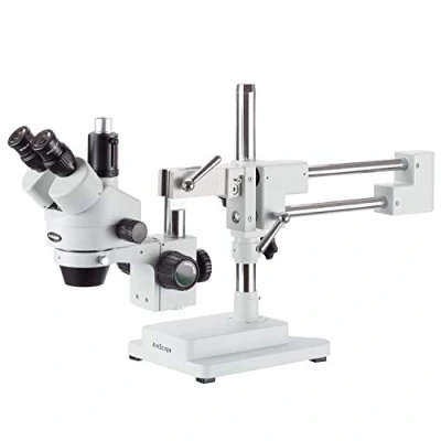 Image de AmScope Microscope à zoom stéréo trinoculaire 7X 45X avec support de flèche double bras, oculaire 10X, grand champ SM 4T