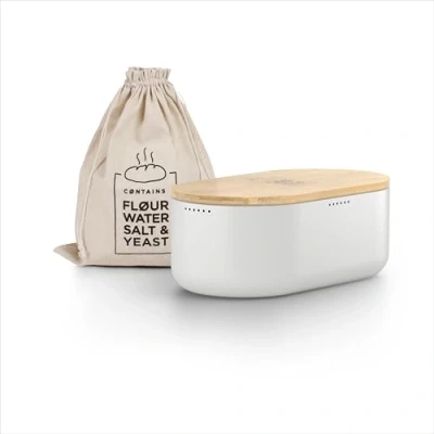 Image de LARS NYSØM Boîte à Pain I Boite a avec Sac en Lin pour Une fraîcheur Durable Couvercle Bambou de Haute qualité pouvant être utilisée comme Planche découper 36x19x13cm (Pure White)