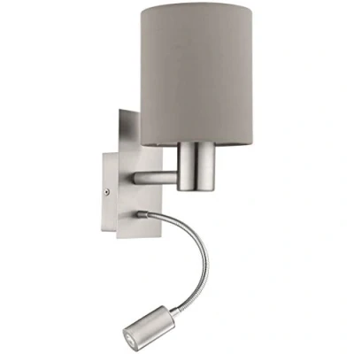 Image de Eglo lampe murale LED PASTERI, applique en textile à 2 flammes, matériau : acier, tissu, couleur nickel mat, taupe, douille E27, avec interrupteur et de lecture flexible