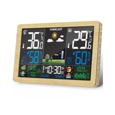 Image de Station Météo Avec Capteur Extérieur, DCF Écran LCD Sans Fil Coloré Météorologique Numérique Baromètre Phase de Lune Alarme Réveil Prévision Rétroéclairage Réglable