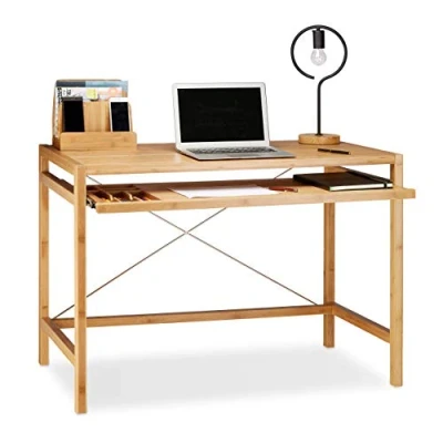 Image de Relaxdays 10020277 Bureau informatique table ordinateur en bambou moderne emplacement clavier HxlxP: 76,5 x 106,5 55,5 cm, nature