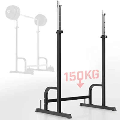 Image de Physionics® Support pour Barre de Musculation Charge Max. 150 kg, Réglable en Hauteur, Acier, Noir Repose Barre, Haltères Longs, Rack Rangement Disques Poids, Squat