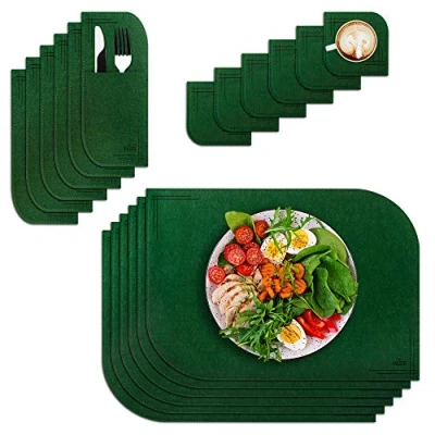 Image de VILSTO Sets de Table en Feutre 18 Pièces, Lavables et Dessous Verre pour Basse Ronde a Manger, Salle à Manger Décoration, Decoration Cuisine, Vert Forêt