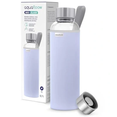 Image de Aquafloow Bouteille d&#039;eau, Brosilicate Étui en Néoprène 700 ml, Flacons d&#039;eau Verre avec Couvercle Bambou, Sans BPA Idéale pour Le Bureau, L&#039;école, La Maison Violet