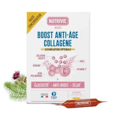 Image de Ampoules Collagène Marin + Acide Hyaluronique Vitamine C Hydrolysé Type 1 Naticol® Elasticité, Anti rides et Éclat de la Peau Cure mois Fabriqué en France Nutrivie