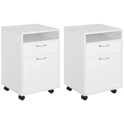 Image de HOMCOM Lot de 2 caissons Bureau Rangement sur roulettes tiroir Placard Niche Panneaux Particules Blanc