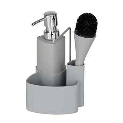 Image de WENKO Kit Vaisselle Empire, 4 en 1 Distributeur de Liquide Vaisselle, Brosse, Support à torchon &amp; Organiseur, céramique Haut Gamme avec Surface Douce, contenance 250ml, 11 x 19 12,5 cm, Gris