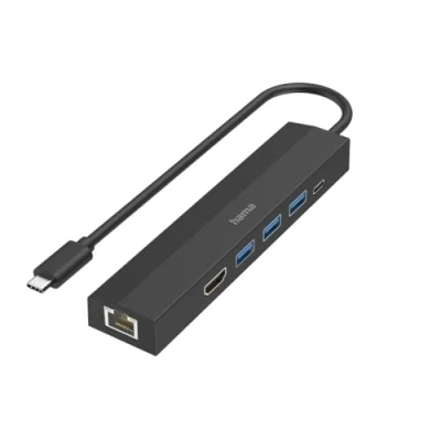 Image de Hama Hub USB C Multiports (Adaptateur 6 en 1: 3 A, 1 Power Delivery PD, HDMI, Ethernet, Station d&#039;Acceuil PC Portable/Tablette MacBook Pro, Air, iPad Dell et XPS) Noir